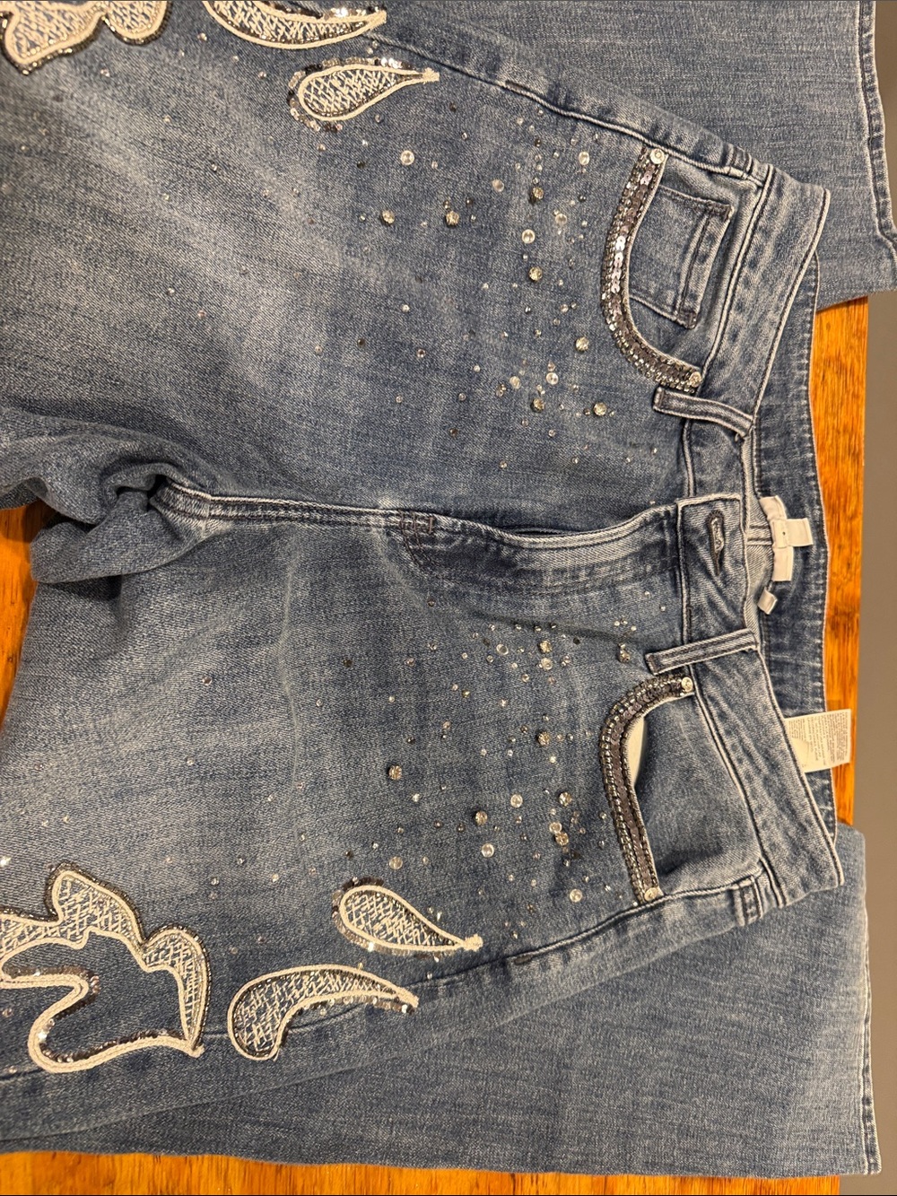 Chico's Blue Straight-Leg Jeans with Rhinestone & Embroidered Detail